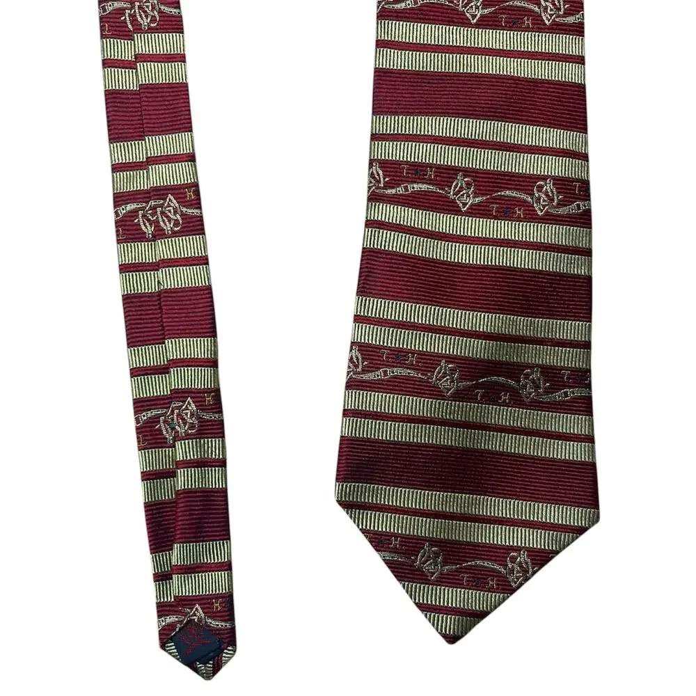 Tommy Hilfiger Burgundy Gold Striped Necktie‎ 100% Italian Silk USA Made
